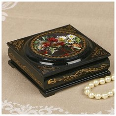 Шкатулка "Цветы" с накладкой, 10×10 см, лаковая миниатюра 2566797 Сима ленд