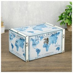 Шкатулка дерево кожзам "Путешествие по миру" бело-синяя 12х16х23 см 4060599 Сима ленд