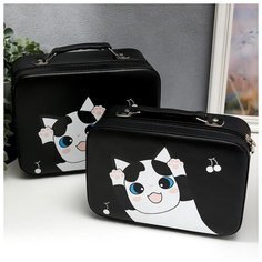 Шкатулка кожзам для косметики "Пятнистый кот" чемодан н-р 2 шт 8,5х15,5х23, 11х18,5х24,5 см 508454 Сима ленд