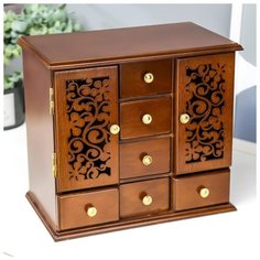 Шкатулка дерево "Шкаф 6 ящиков с резными дверцами" коричневая 27х16,5х24,7 см 4386127 Сима ленд