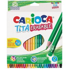 Карандаши цветные Carioca стираемые, с резинкой "Erasable", 24 цвета, пластик, шестигранные, заточенные (42938)