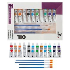 Краски масляные 12 цветов в пластиковой тубе 12 мл в картонной коробке,4 кисти,палитра 1404027 Сима ленд