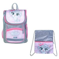 Ранец Стандарт Сalligrata Первоклашка 36*26*16 +мешок дев "Котик" серый/розовый 3947944 Calligrata
