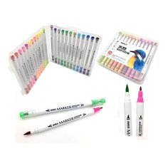 Скетч-маркеры Тонкие 24цв. BAOKE 2х стор (острый+кисть) на водной основе в пласт раскладной коробке