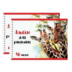 Альбом для рисования, А4, 40 л., гребень, обложка картон, BRAUBERG ЭКО, 205х290 мм, "Жирафы" (1 вид), 105104 (2 штуки) 105104-2