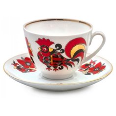 Чашка с блюдцем чайная. Императорский фарфоровый завод. Форма Весенняя. Рисунок Красные петушки. 250 мл.