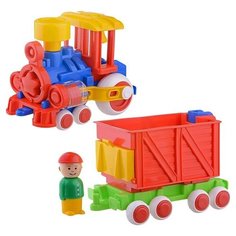 Каталка-игрушка Форма Паровозик Ромашка с вагоном (С-118-Ф) синий/красный/желтый
