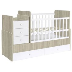 Кроватка Polini Simple 1100 с комодом (трансформер), поперечный маятник вяз/белый