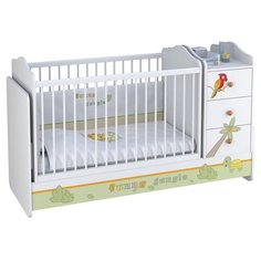 Кроватка Polini Basic Джунгли с комодом (трансформер), поперечный маятник белый