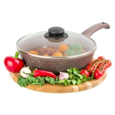 Сковорода глубокая 24 см Гармония вкуса Elan Gallery Коричневый мрамор ИНДУКЦИЯ с крышкой D24, несъёмная ручка