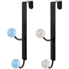 Набор вешалок на дверь 2 шт. 11х2х18,5 см EL Casa Черная с цветными пластиковыми шариками синими серыми по 2 крючка
