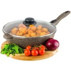 Сковорода глубокая 28 см Elan Gallery Гармония вкуса Коричневый опал с крышкой D28, съёмная ручка