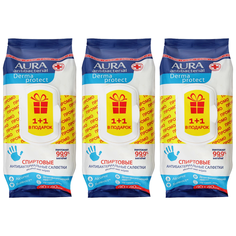 AURA Влажные салфетки антибактериальные Derma Protect 40+40шт (3 уп в наборе)