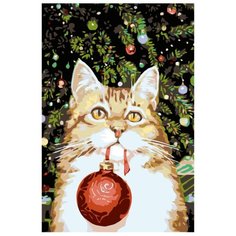 Новогодний котик Раскраска картина по номерам на холсте A175 40х60