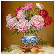 Алмазная мозаика 30х30 БУЗИН. ПИОНЫ В КИТАЙСКОЙ ФАРФОРОВОЙ ВАЗОЧКЕ (26 цветов) Molly