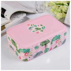 Шкатулка кожзам под часы 1 отделение и бижутерию "Пальмовые листья на розовом" 7х22х14,5 см 410199 Сима ленд