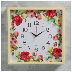 Часы настенные квадратные "Розы", 30х30 см, обод жёлтый 2918842 Рубин