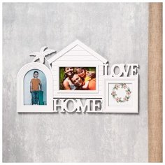 Фоторамка пластик на 3 фото 10х10, 10х15 см "Дом и пальма" белая 27,5х47,5 см 4592579 Сима ленд