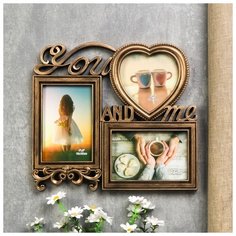 Фоторамка пластик на 3 фото 10х15, 12х12 см "Ты и Я" золото с белым 27х30х3 см 4785337 Сима ленд
