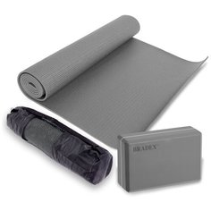 Коврик для йоги 173*61*0,5 см и блок, серый SF 0810, чехол в подарок Bradex