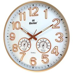 Часы настенные кварцевые большие со светонакопителем с термометром и гигрометром Gastar 3219 A светлый циферблат диаметр 38 см