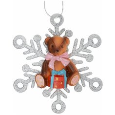 Елочная игрушка Magic Time Мишка в снежинке (75626), серебристый/коричневый/красный