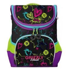 Ранец школьный RAn-082-1 раскладной, эргономический, для девочек, принт Сердце и звезды, черный-фиолетовый Grizzly