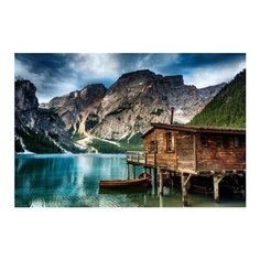 Холст с красками "Рисование по номерам. Лодка у домика в горах", 40х50 см Рыжий кот