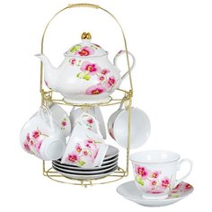 Чайный сервиз Rosario Орхидея на металлической подставке Ф5-013К/13, 6 персон, 13 предм., белый/розовый