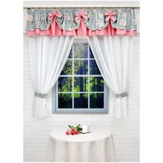 Тюль Византия "Усадьба. Яблоня" с ламбрекеном", белый, серо-голубой,300*170 см, 300*40 см