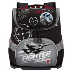 Ранец школьный Grizzly RAv-089-1 большого объема с пластиковым дном, для мальчиков, принт Самолет, черный