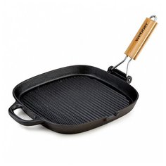 BE-4522G/23 Сковорода-гриль чугун квадратная со съемной складной деревянной ручкой 23*23см (6) Webber