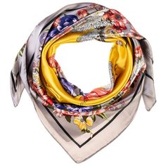 Шелковый платок на шею/Платок шелковый на голову/женский/Шейный шелковый платок/стильный/модный /21kdgPL902701-2vr желтый,серый/Vittorio Richi/80% шелк,20% полиэстер/90x90