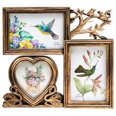 Фоторамка пластик на 3 фото 10х10, 10х15 см "Фламинго и птички" тёмное золото 25,5х28х2 см 5310561 Сима ленд