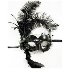 Черная венецианская маска с вуалью и перьями Giacometti