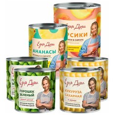 Продуктовый набор №3 Едим Дома: Кукуруза в/с ГОСТ 425 г 2 шт, Горошек в/с ГОСТ 425 г 2 шт, Компот ананас кольца в сиропе 580г 1шт, Компот персики половинки в сиропе 850г 1шт