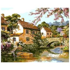 Картина по номерам Цветной (Premium) "Двухэтажные домики у реки", 40x50 см