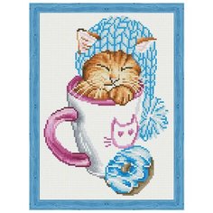 Алмазная мозаика "Спящий котенок с пончиком", 30x40 см Цветной