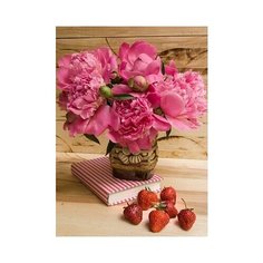 Алмазная мозаика "Розовые пионы и клубника" Рыжий кот