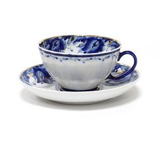 Чашка с блюдцем чайная. Гжельская Мануфактура. Форма Белый лебедь. Рисунок Голубые тюльпаны Золото. 275 мл