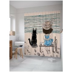 Штора для ванной JoyArty Девочка с котом на берегу реки 180х200 (sc-62491)