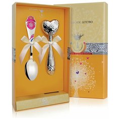 АргентА Набор для малышей "Сердце с цветами" (2 предмета погремушка + ложка Сердечко с позолотой с эмалью)