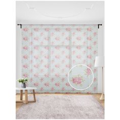 Жаккардовый тюль JoyArty (вуаль, штора) на шторной ленте "Алые цветочные букеты на голубом фоне", 300x255 см