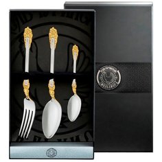 Набор столовый посеребренный с позолотой (ложка, вилка, ложка чайная ) в футляре Кольчугинский мельхиор