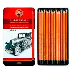 Набор чернографитных карандашей KOH-I-NOOR "ART 1512" (8В-2Н) 12 шт в металлическом пенале