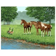 Картина по номерам Paintboy "Лошади на водопое встретили уток", 40x50 см
