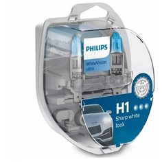 Лампа автомобильная H1 12V- 55W (P14,5s) (абсолютно белый свет+60% вид.) WhiteVision ultra +W5W (2шт.) Philips