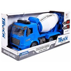 Машинка 1:14 "Бетономешалка", пластмассовая инерционная, со звуковыми и световыми эффектами. 2 цв в ассорименте (синий/желтый). Инд уп 34х13х19 см. Junfa Toys