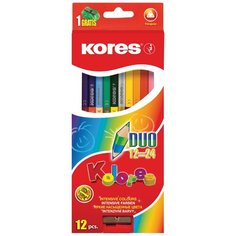 Карандаши цветные Kores 24 цвета, 12 штук, 3-гранные, двусторонние, с точилкой