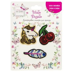 Многоразовые стикеры для одежды Lukky Fashion, Шайн Дизайн, 3 шт, (единорог, вишня, перо) (Т19711)